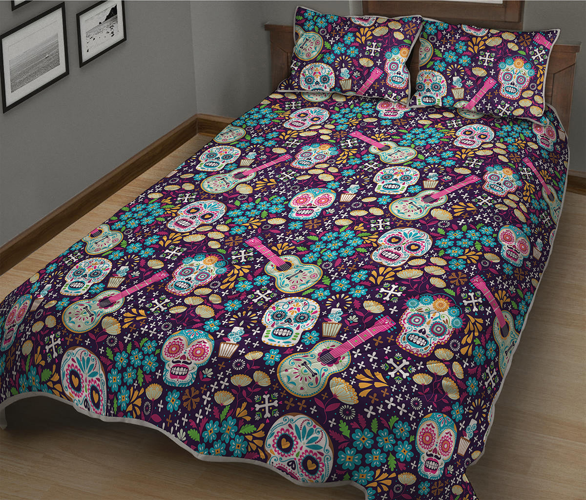 Calaveras Day Of The Dead Pattern Print Quilt Bed Set