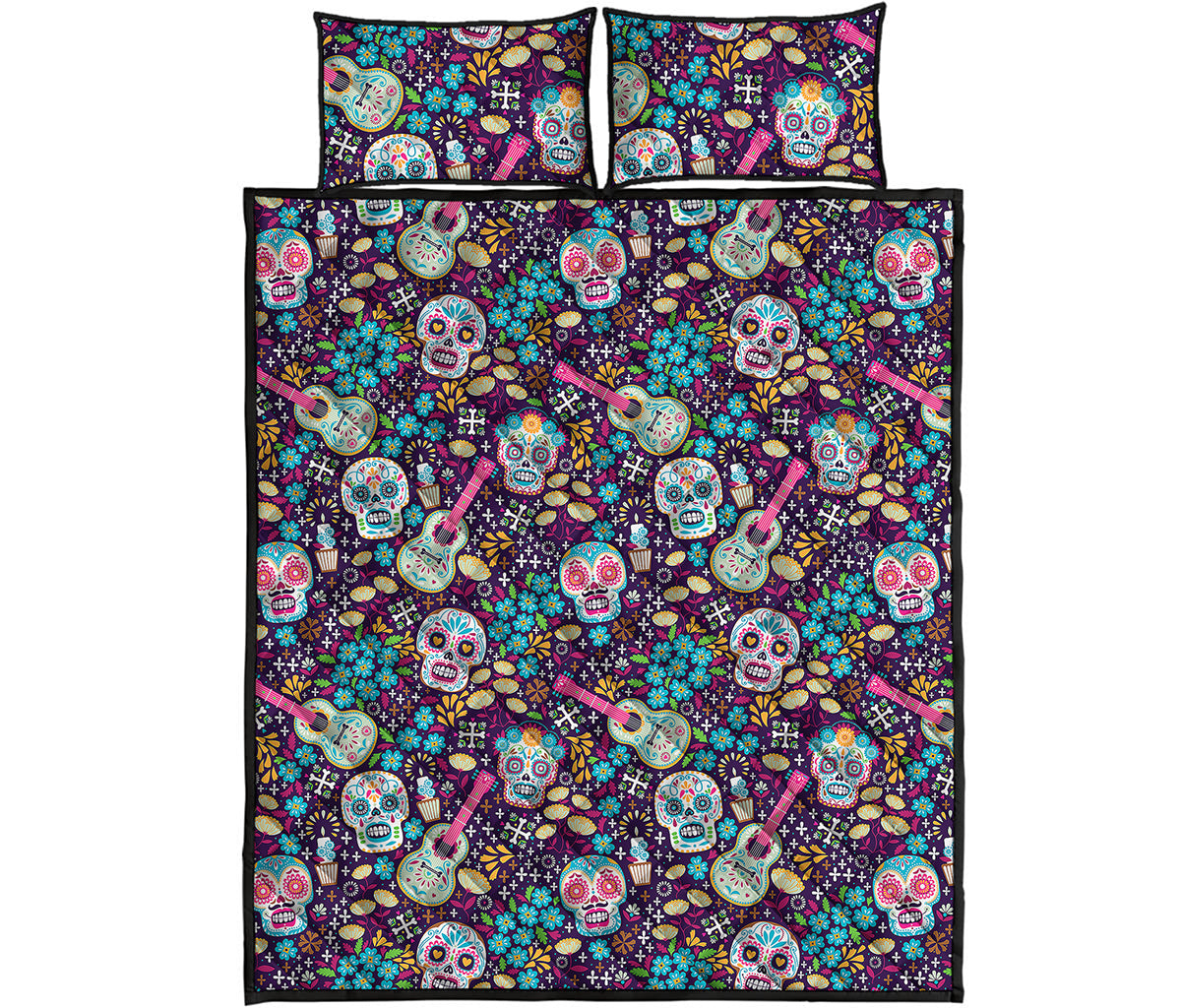 Calaveras Day Of The Dead Pattern Print Quilt Bed Set