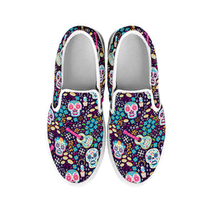 Calaveras Day Of The Dead Pattern Print White Slip On Shoes