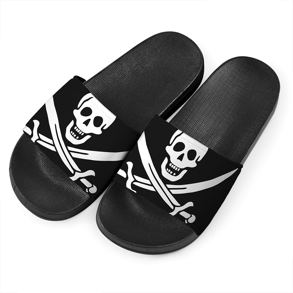 Calico Jack Pirate Flag Print Black Slide Sandals