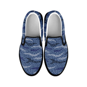 Camo Denim Jeans Pattern Print Black Slip On Shoes