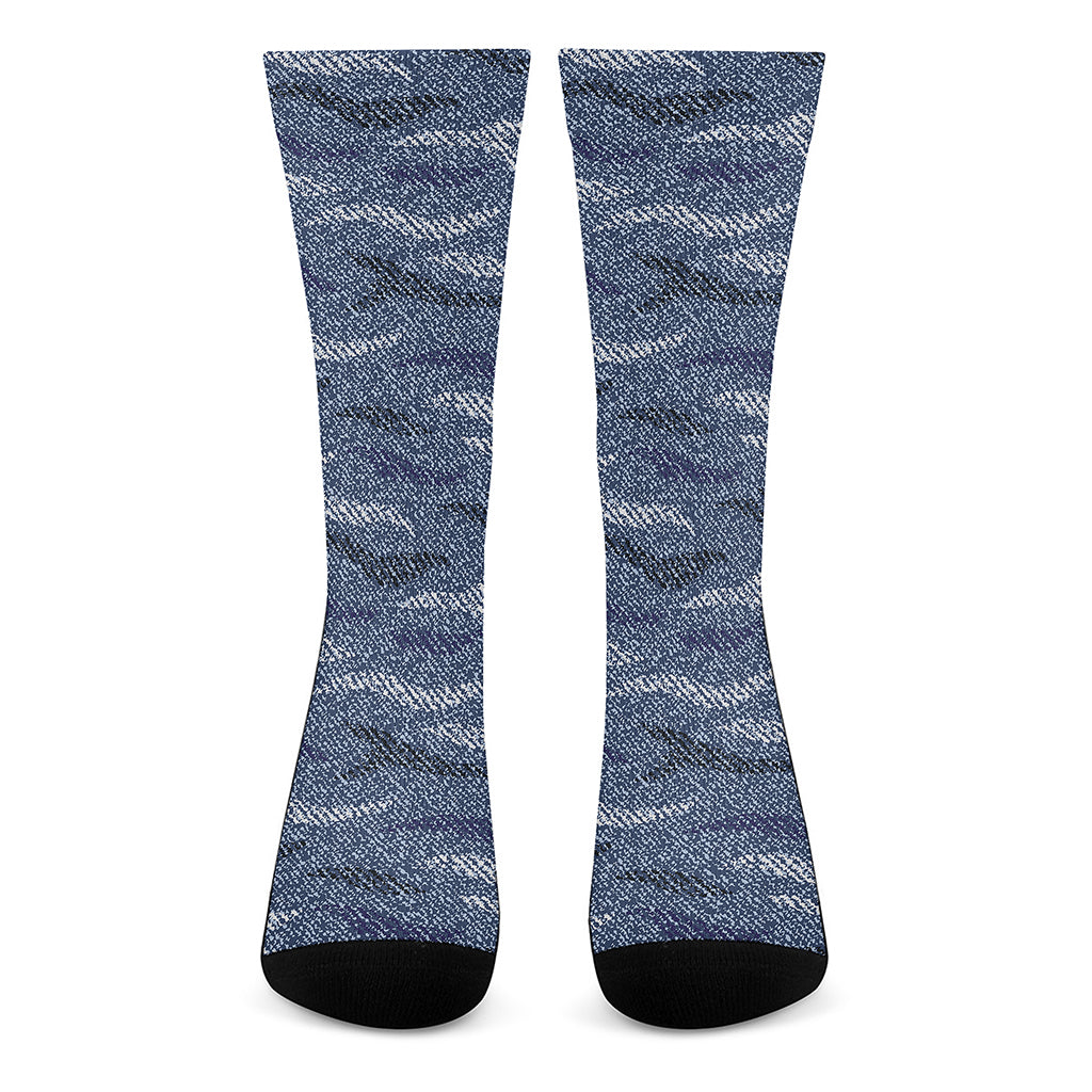 Camo Denim Jeans Pattern Print Crew Socks