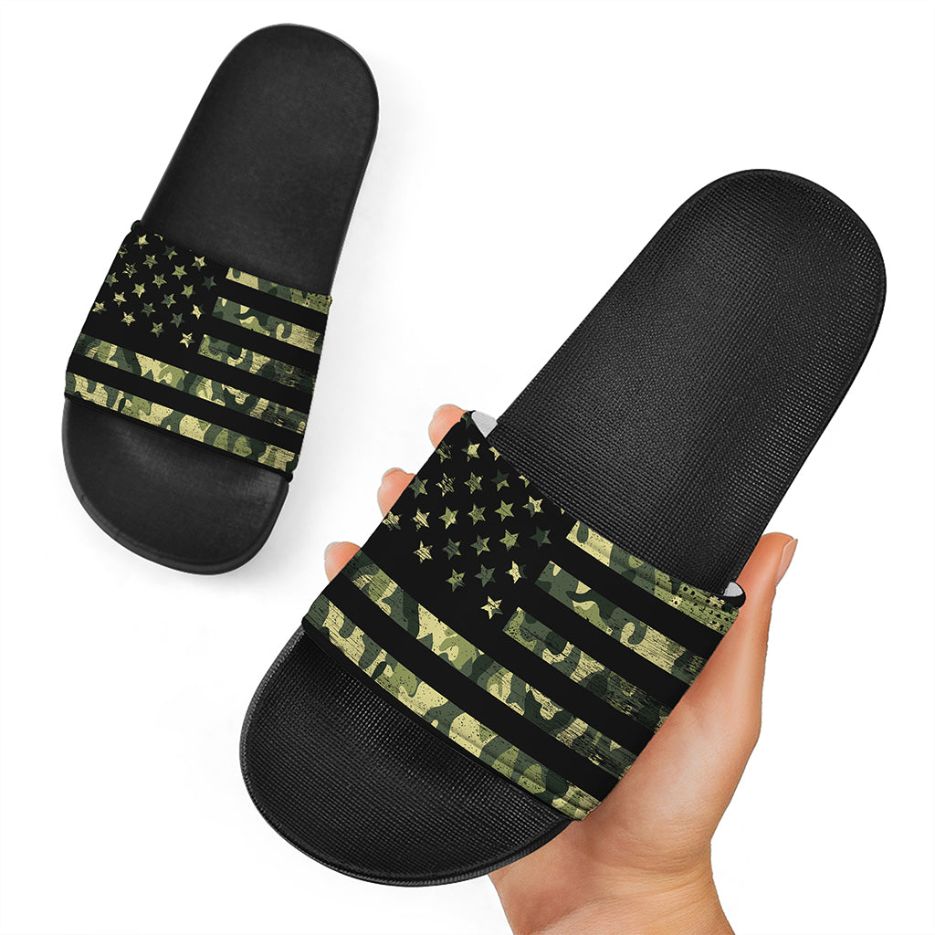 Camouflage American Flag Print Black Slide Sandals