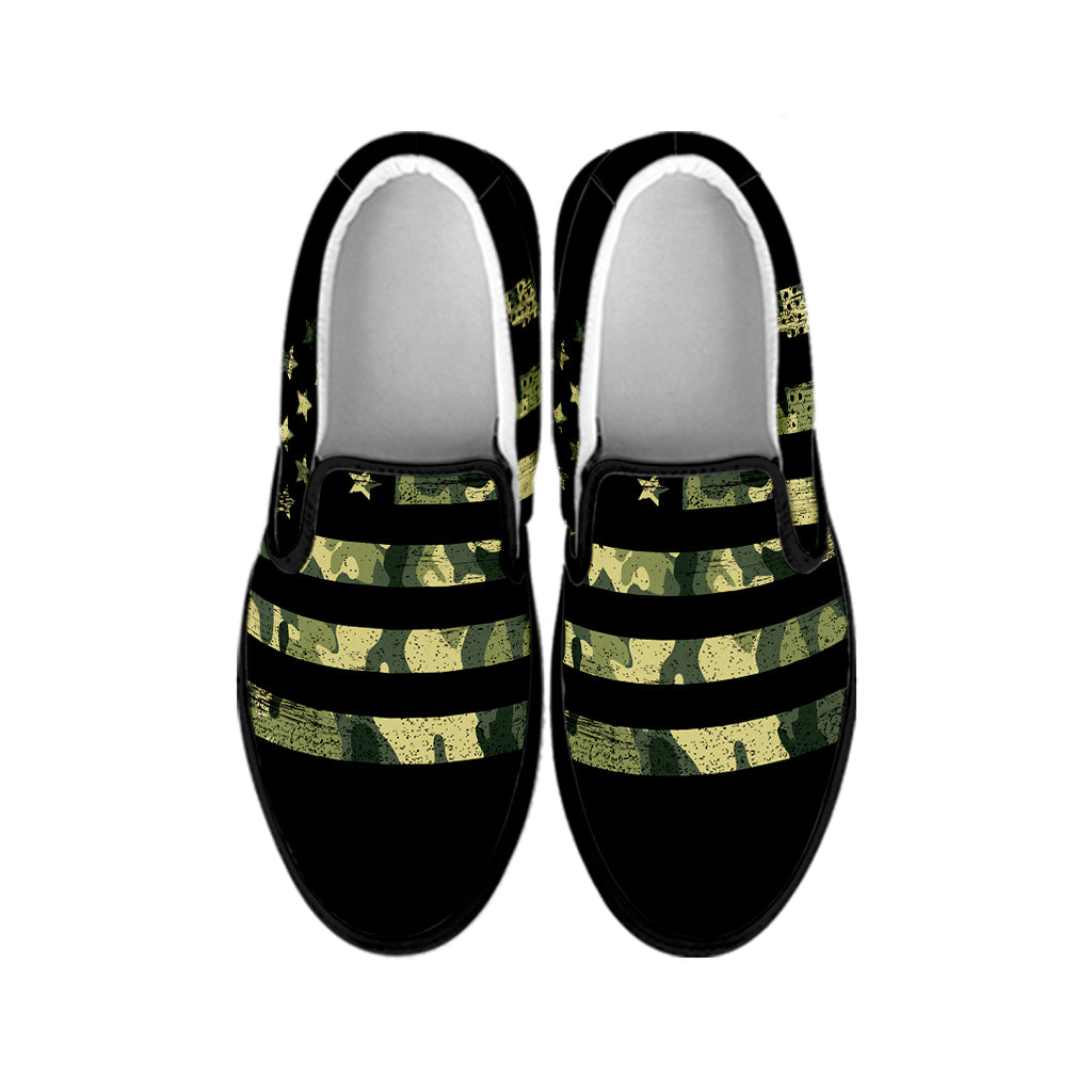 Camouflage American Flag Print Black Slip On Shoes