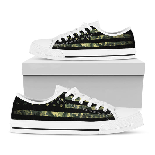 Camouflage American Flag Print White Low Top Shoes