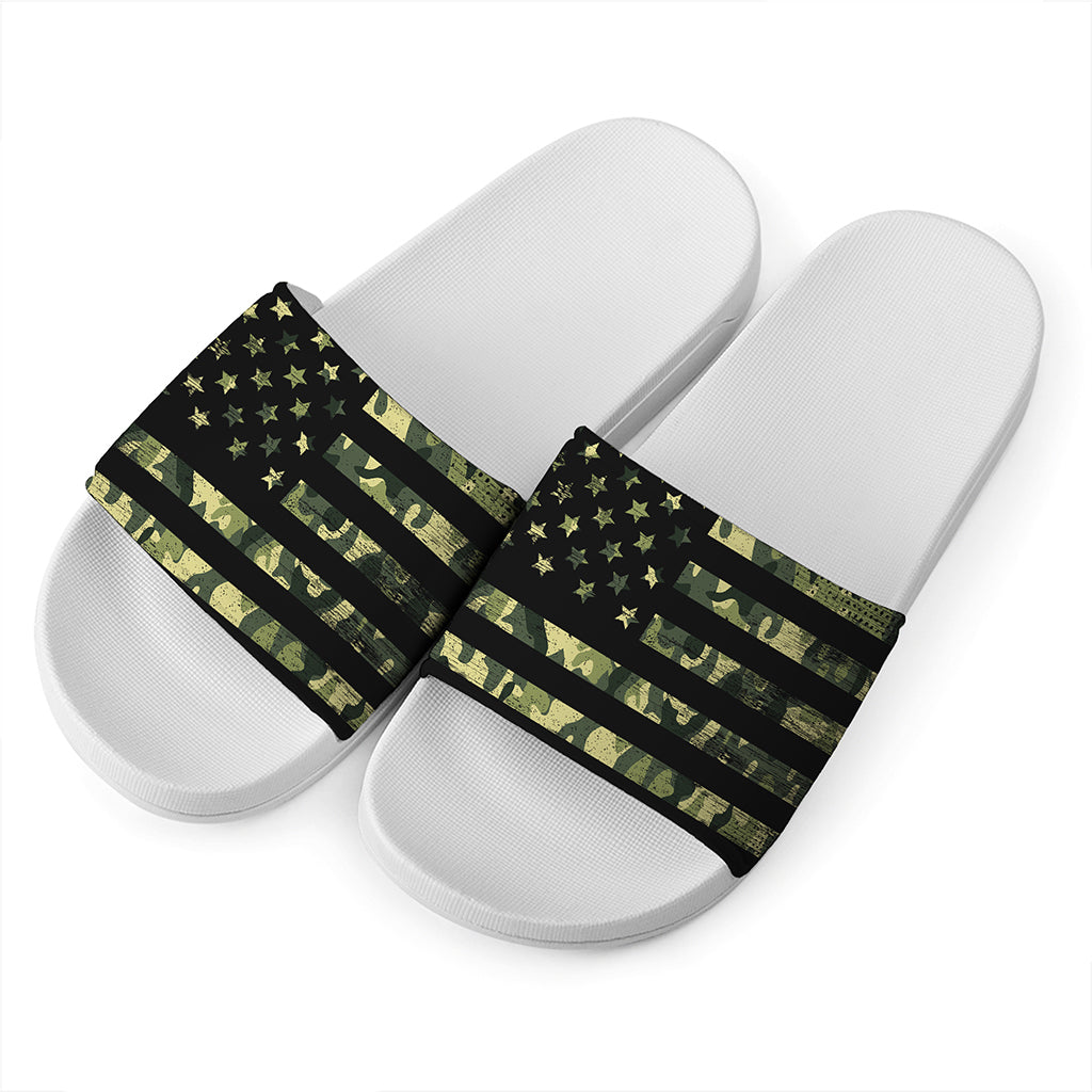 Camouflage American Flag Print White Slide Sandals