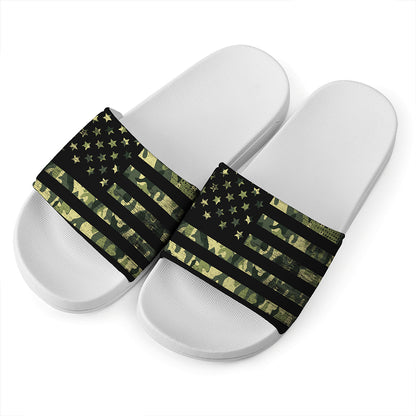 Camouflage American Flag Print White Slide Sandals
