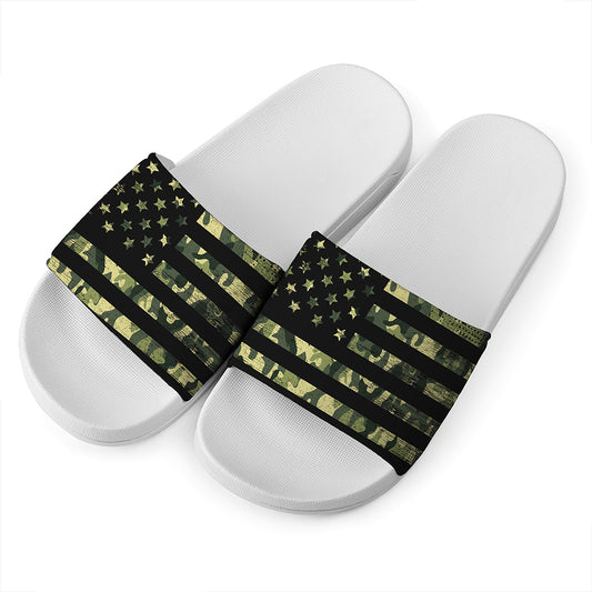 Camouflage American Flag Print White Slide Sandals