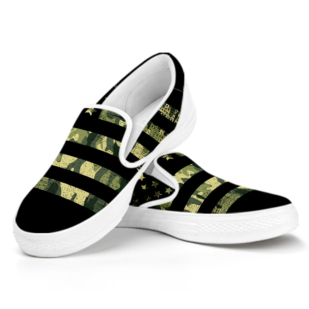 Camouflage American Flag Print White Slip On Shoes
