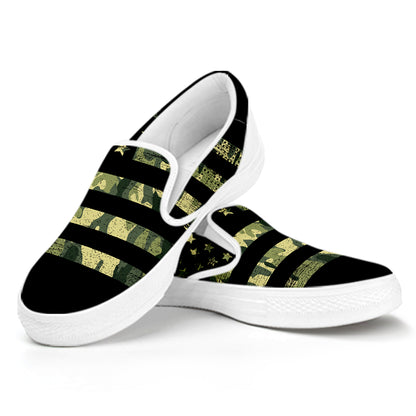Camouflage American Flag Print White Slip On Shoes
