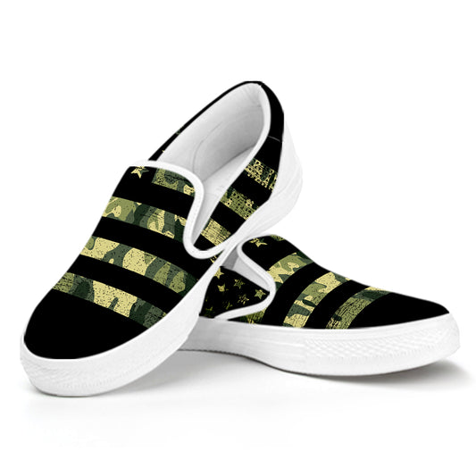 Camouflage American Flag Print White Slip On Shoes
