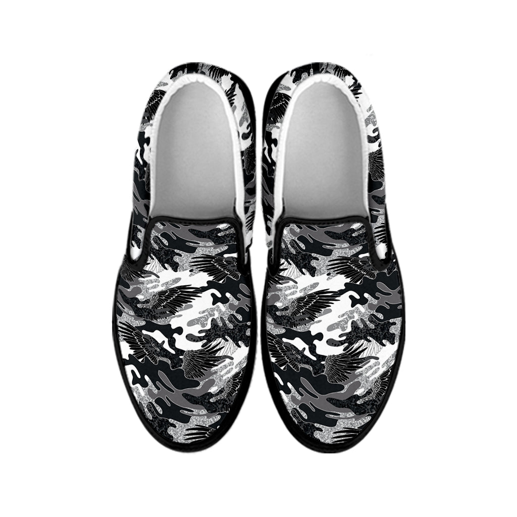 Camouflage Dazzle Wings Pattern Print Black Slip On Shoes
