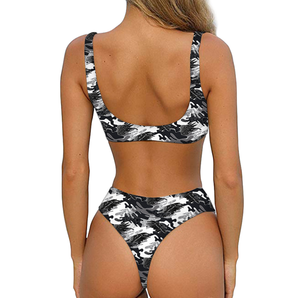 Camouflage Dazzle Wings Pattern Print Front Bow Tie Bikini