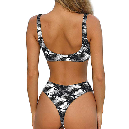 Camouflage Dazzle Wings Pattern Print Front Bow Tie Bikini