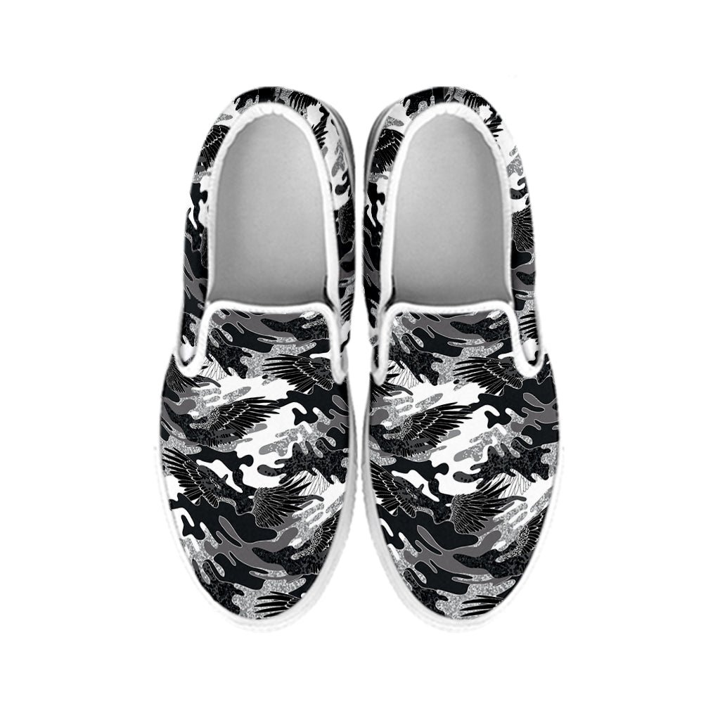 Camouflage Dazzle Wings Pattern Print White Slip On Shoes