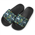 Camping Equipment Pattern Print Black Slide Sandals