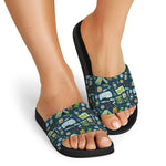 Camping Equipment Pattern Print Black Slide Sandals