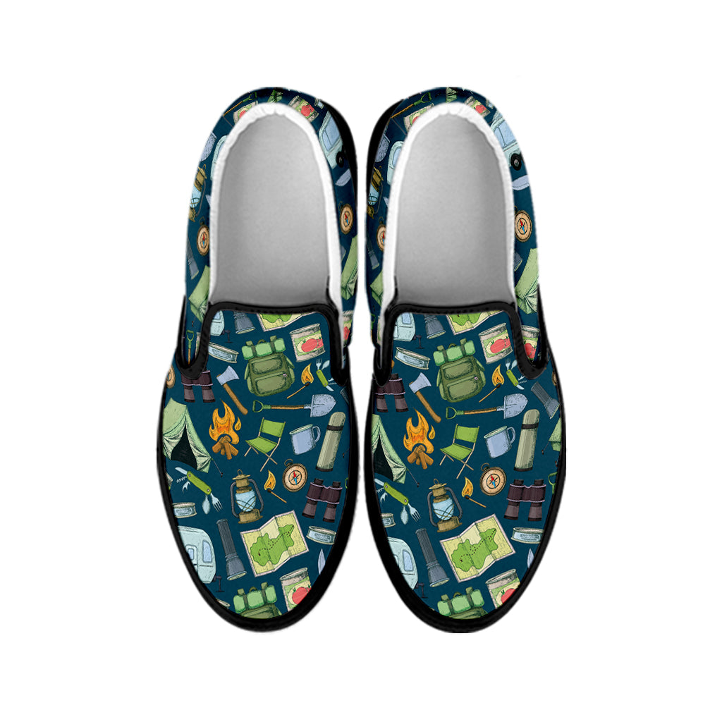 Camping Equipment Pattern Print Black Slip On Shoes