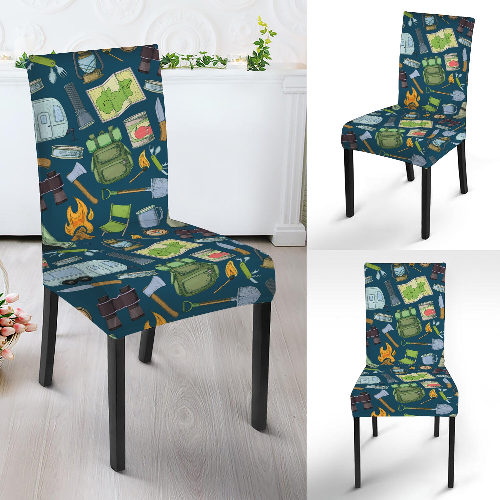 Camping Equipment Pattern Print Dining Chair Slipcover