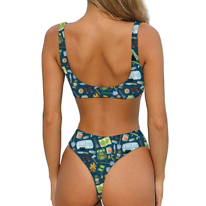 Camping Equipment Pattern Print Front Bow Tie Bikini