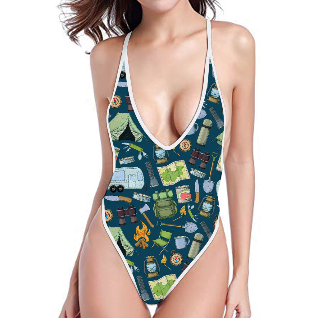 Camping Equipment Pattern Print One Piece High Cut Swimsuit