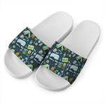 Camping Equipment Pattern Print White Slide Sandals