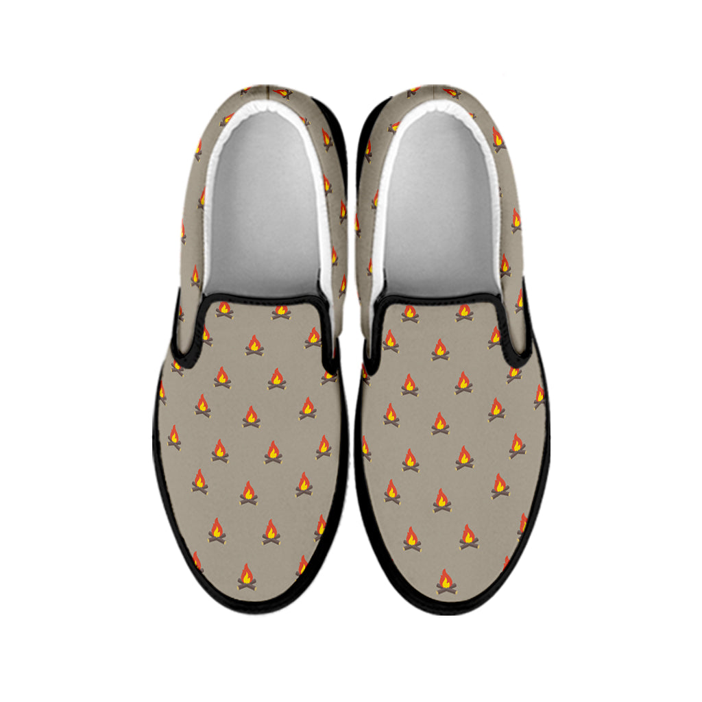 Camping Fire Pattern Print Black Slip On Shoes