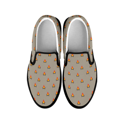 Camping Fire Pattern Print Black Slip On Shoes