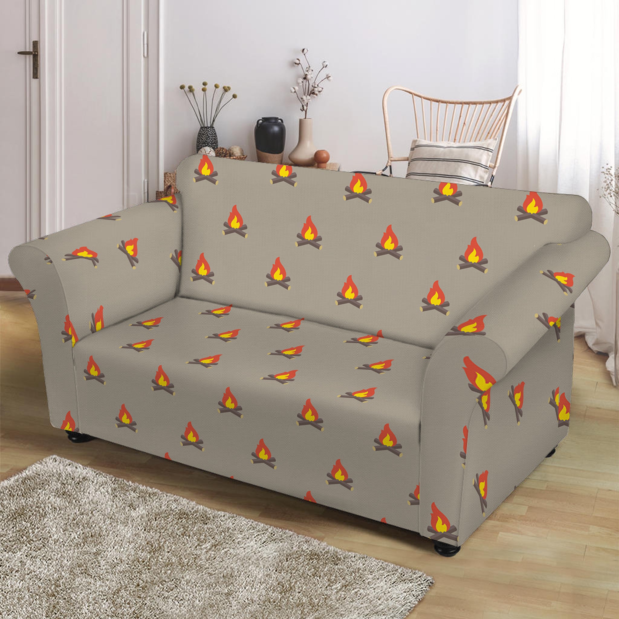 Camping Fire Pattern Print Loveseat Slipcover