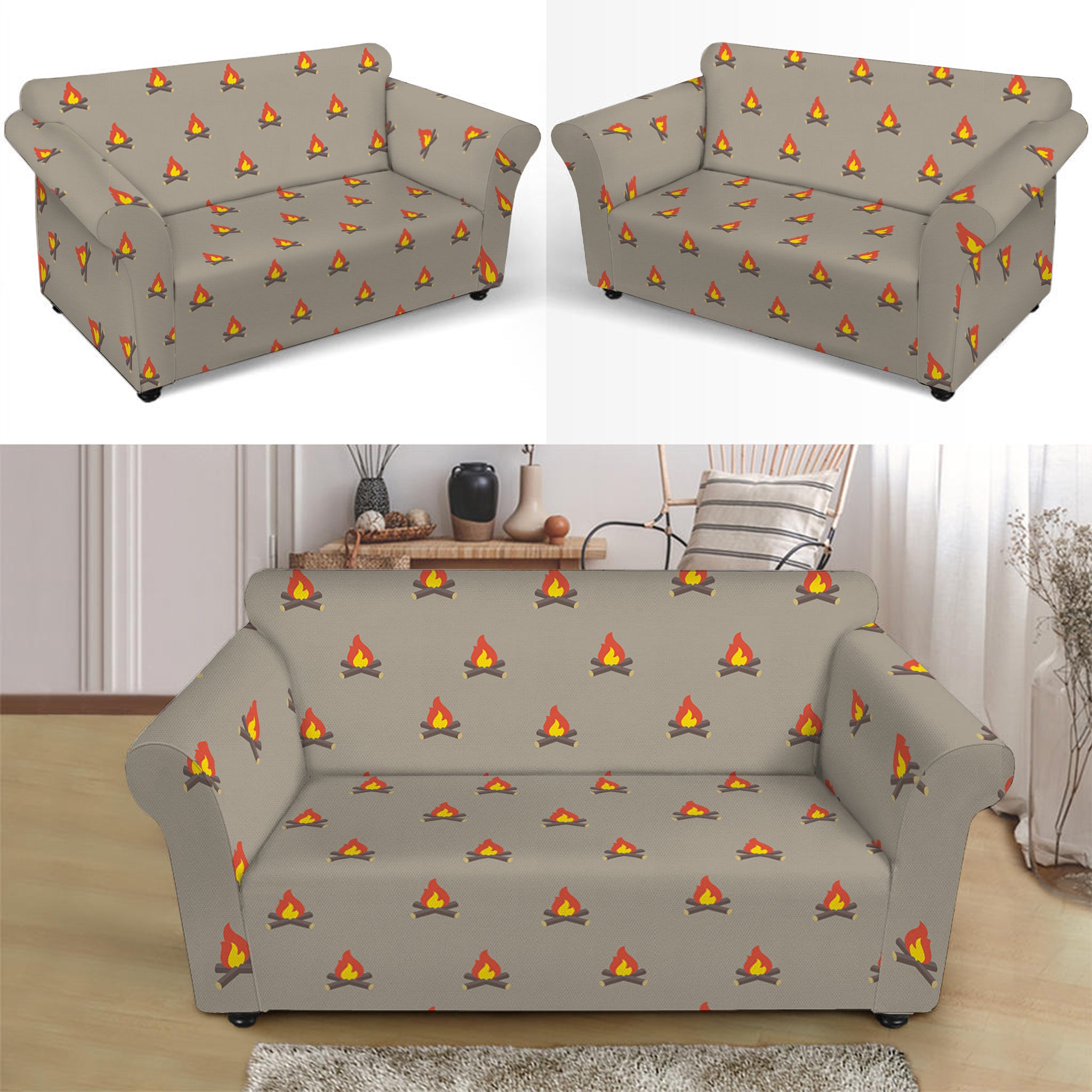 Camping Fire Pattern Print Loveseat Slipcover