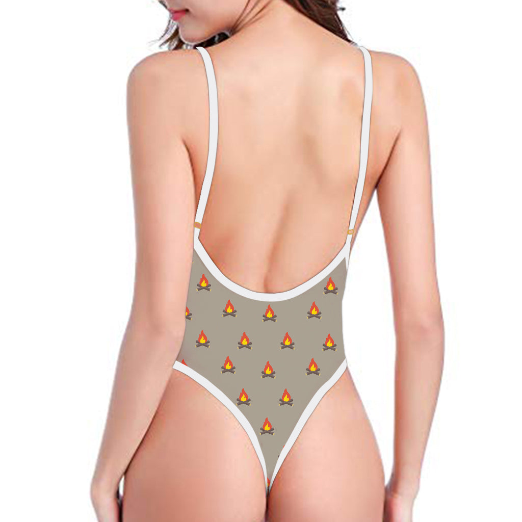 Camping Fire Pattern Print One Piece High Cut Swimsuit