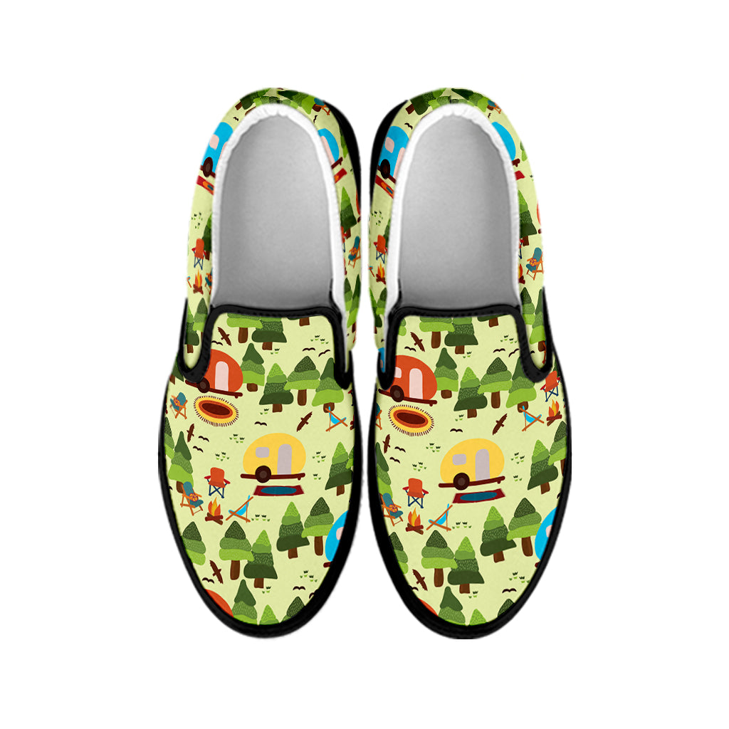 Camping Picnic Pattern Print Black Slip On Shoes