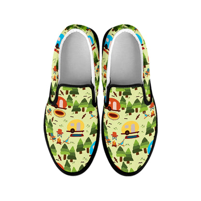 Camping Picnic Pattern Print Black Slip On Shoes