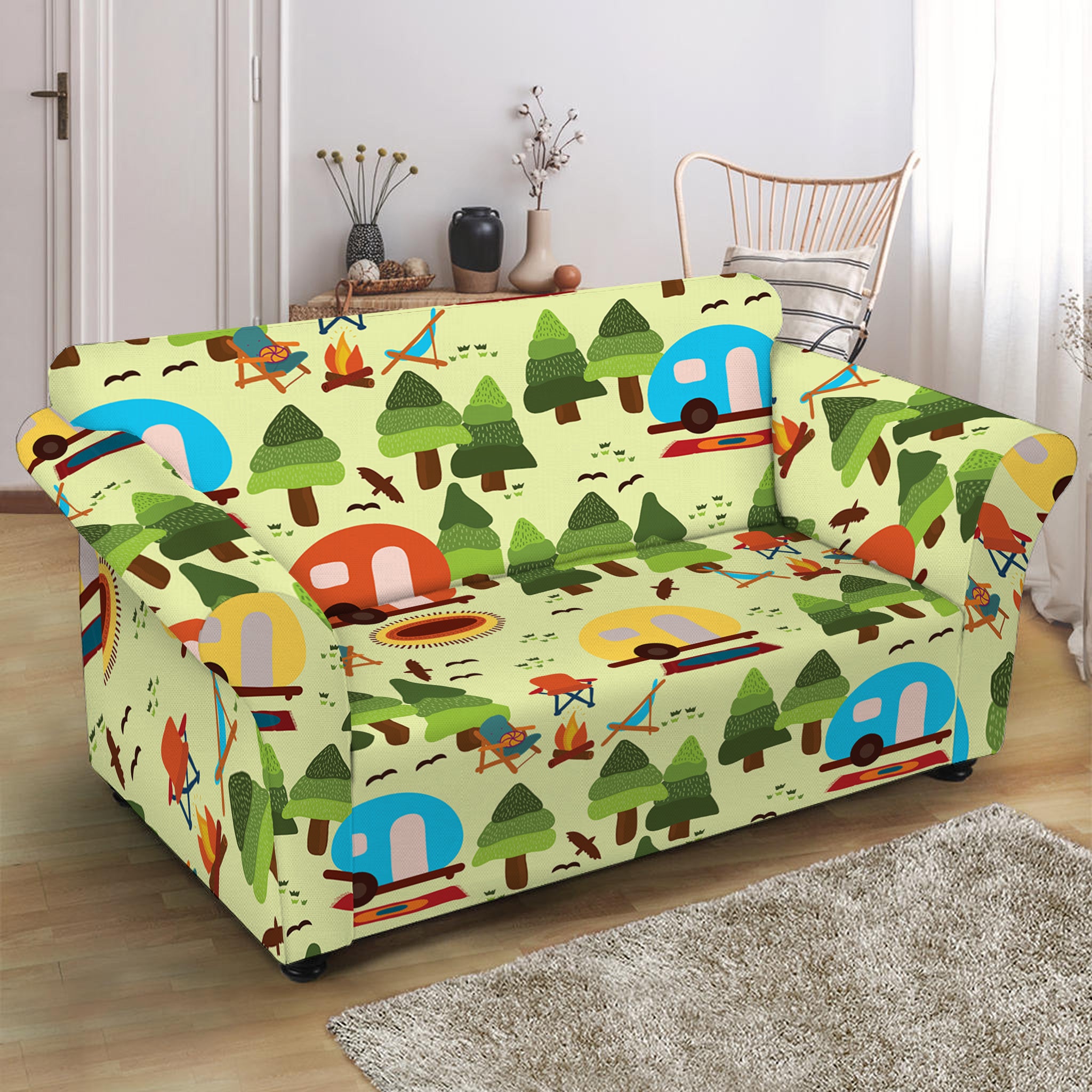 Camping Picnic Pattern Print Loveseat Slipcover