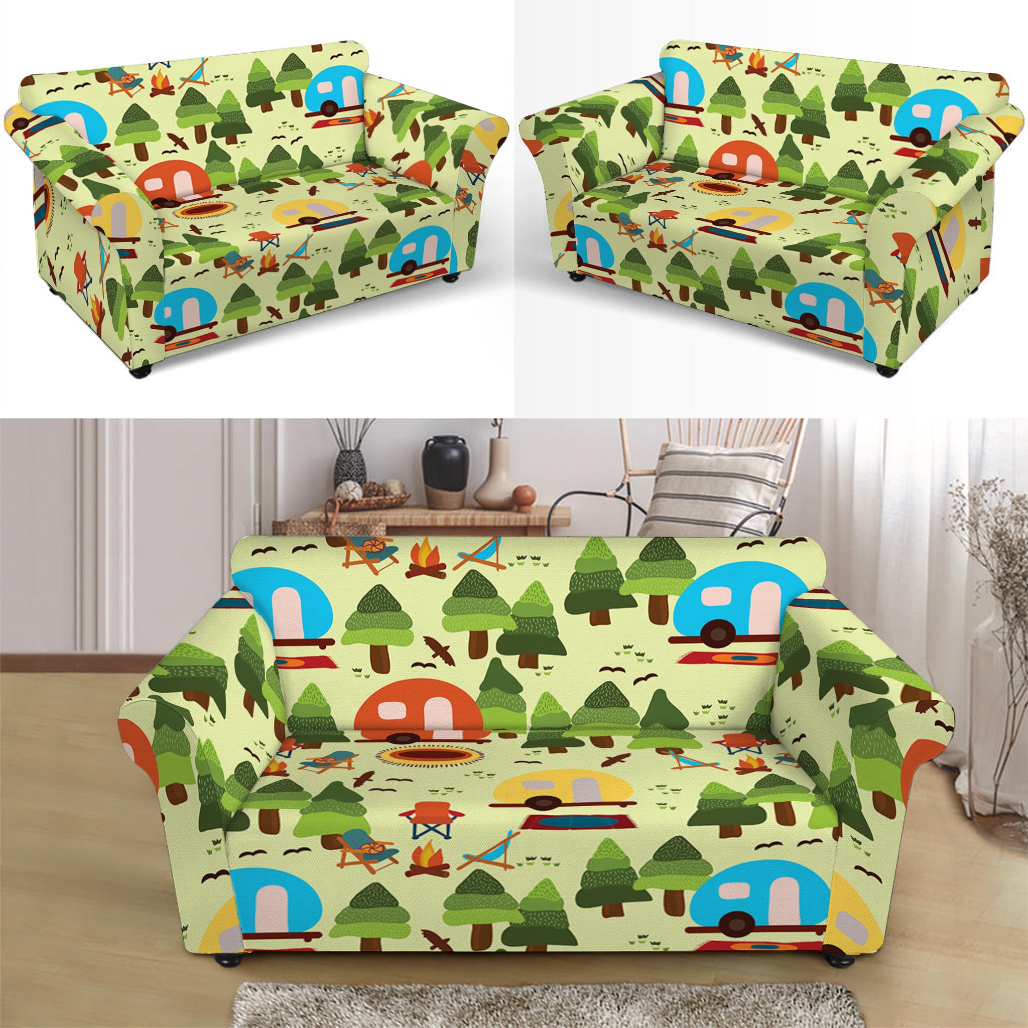 Camping Picnic Pattern Print Loveseat Slipcover