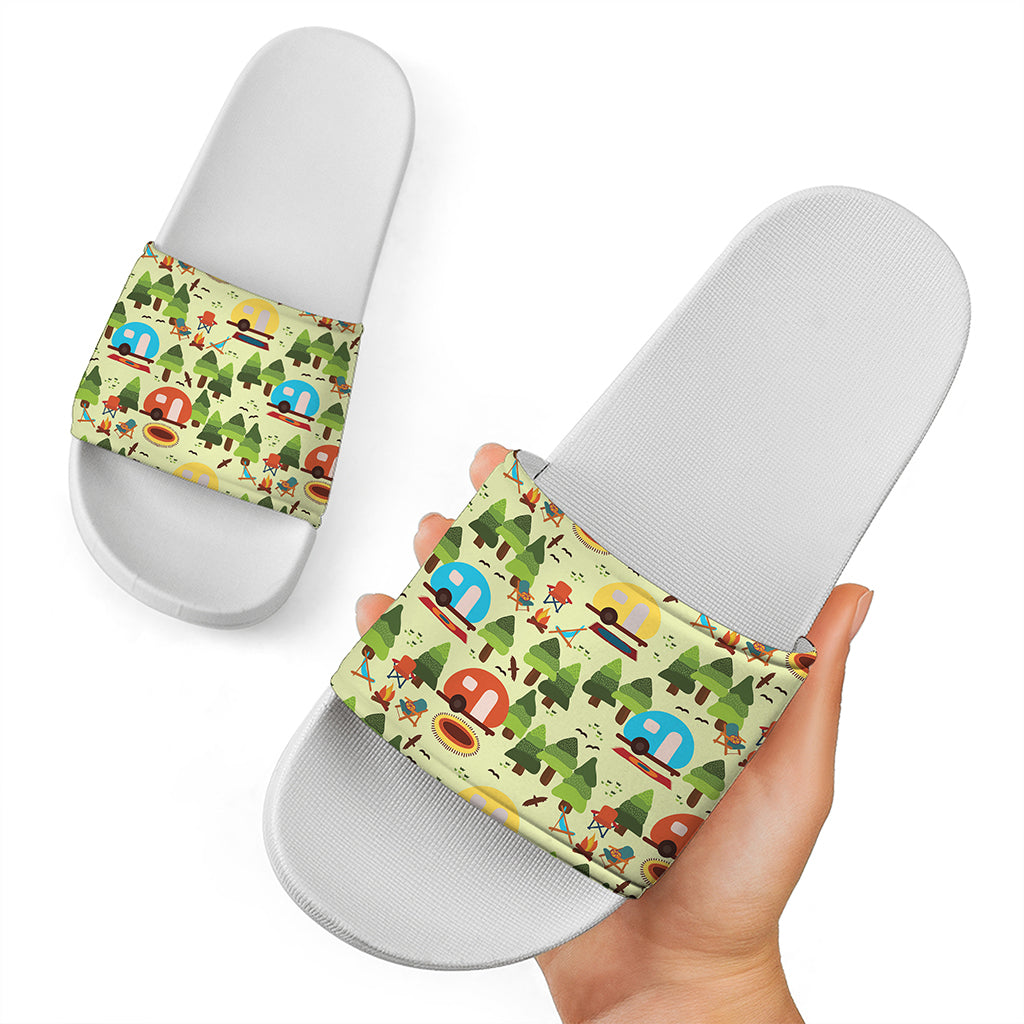 Camping Picnic Pattern Print White Slide Sandals