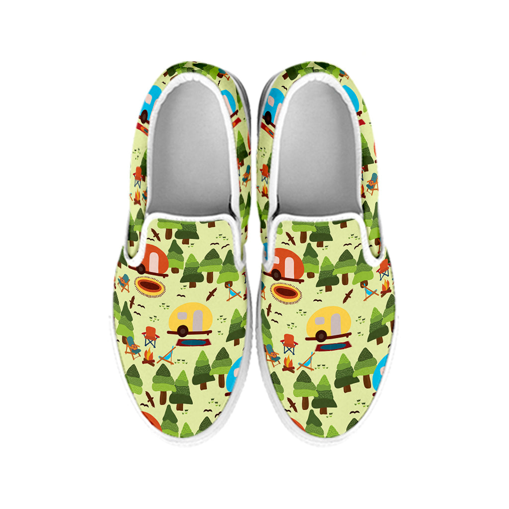 Camping Picnic Pattern Print White Slip On Shoes