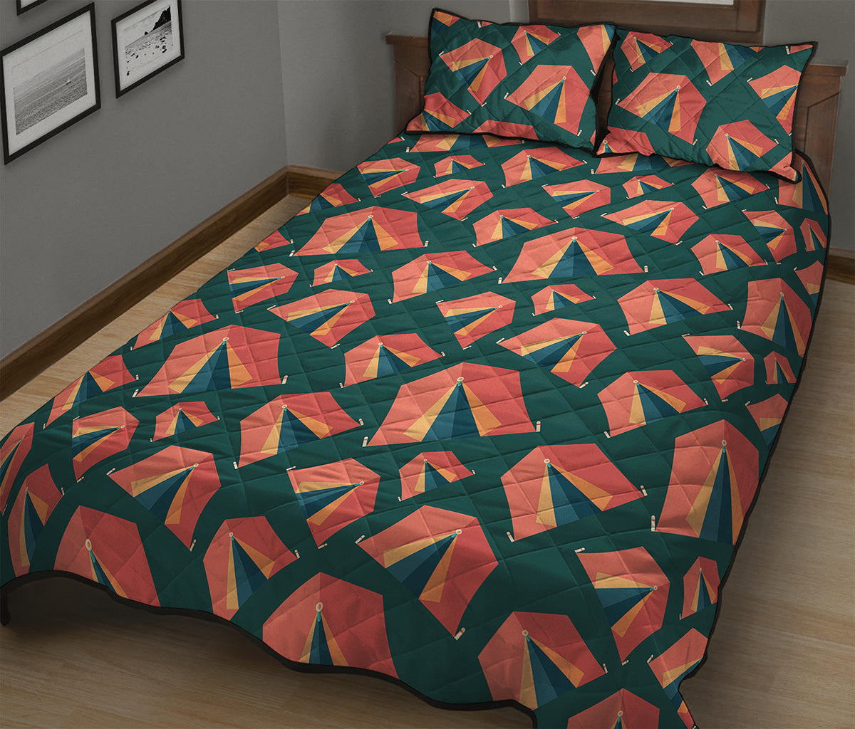 Camping Tent Pattern Print Quilt Bed Set