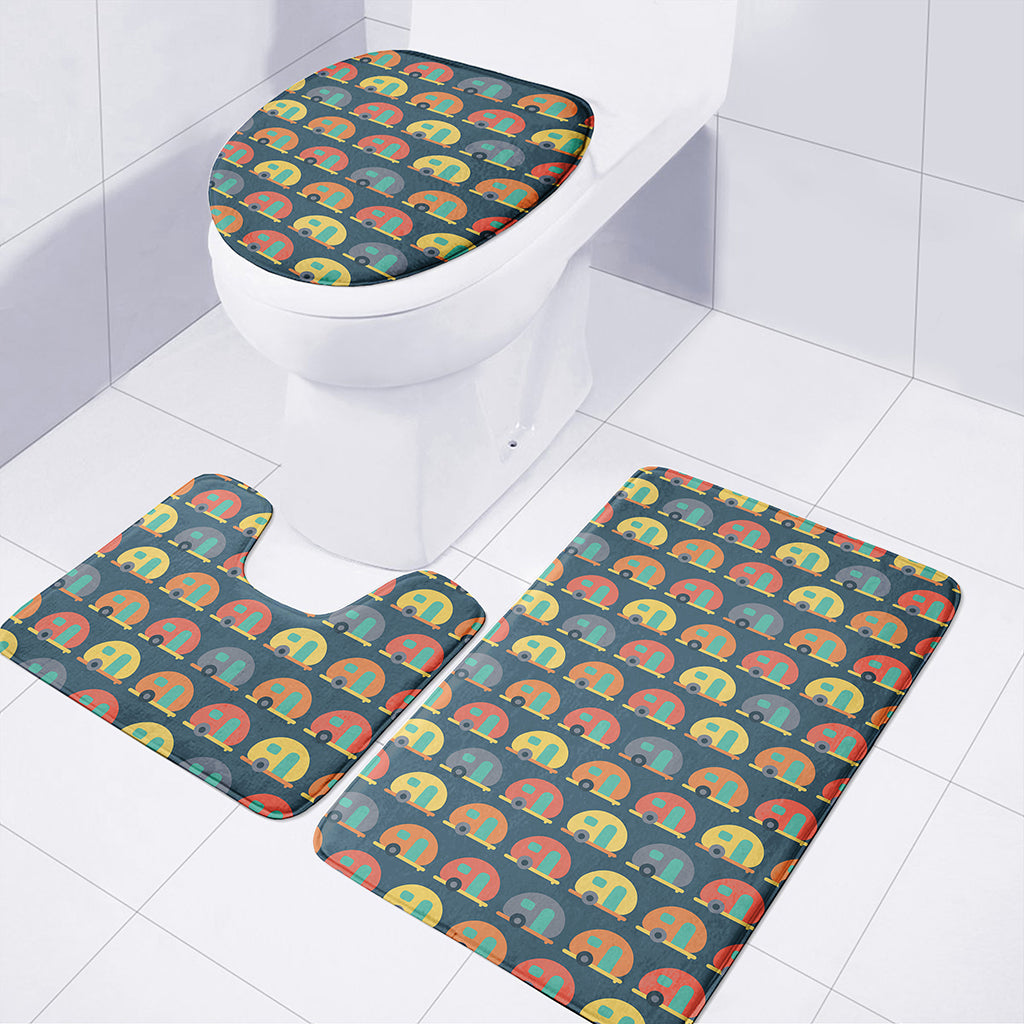 Camping Van Pattern Print 3 Piece Bath Mat Set