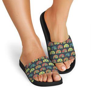 Camping Van Pattern Print Black Slide Sandals