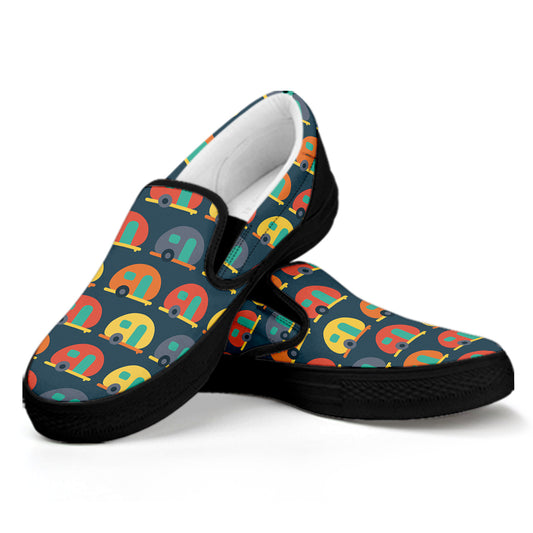 Camping Van Pattern Print Black Slip On Shoes