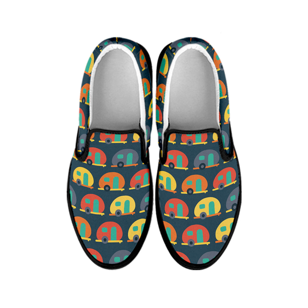 Camping Van Pattern Print Black Slip On Shoes