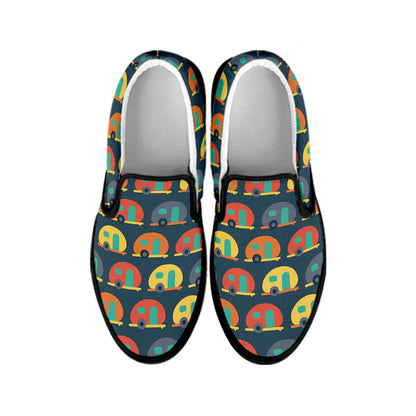 Camping Van Pattern Print Black Slip On Shoes