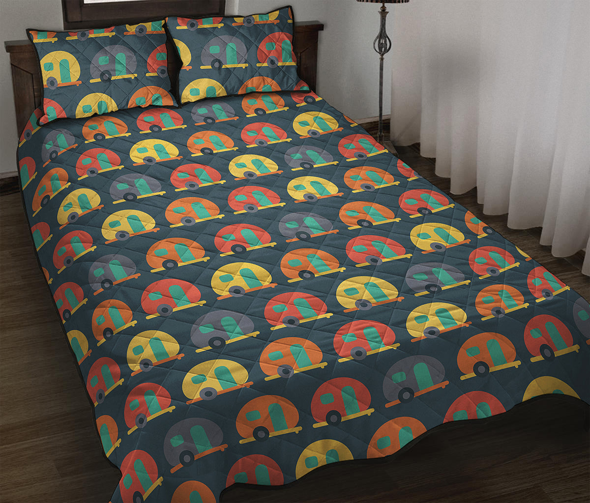 Camping Van Pattern Print Quilt Bed Set