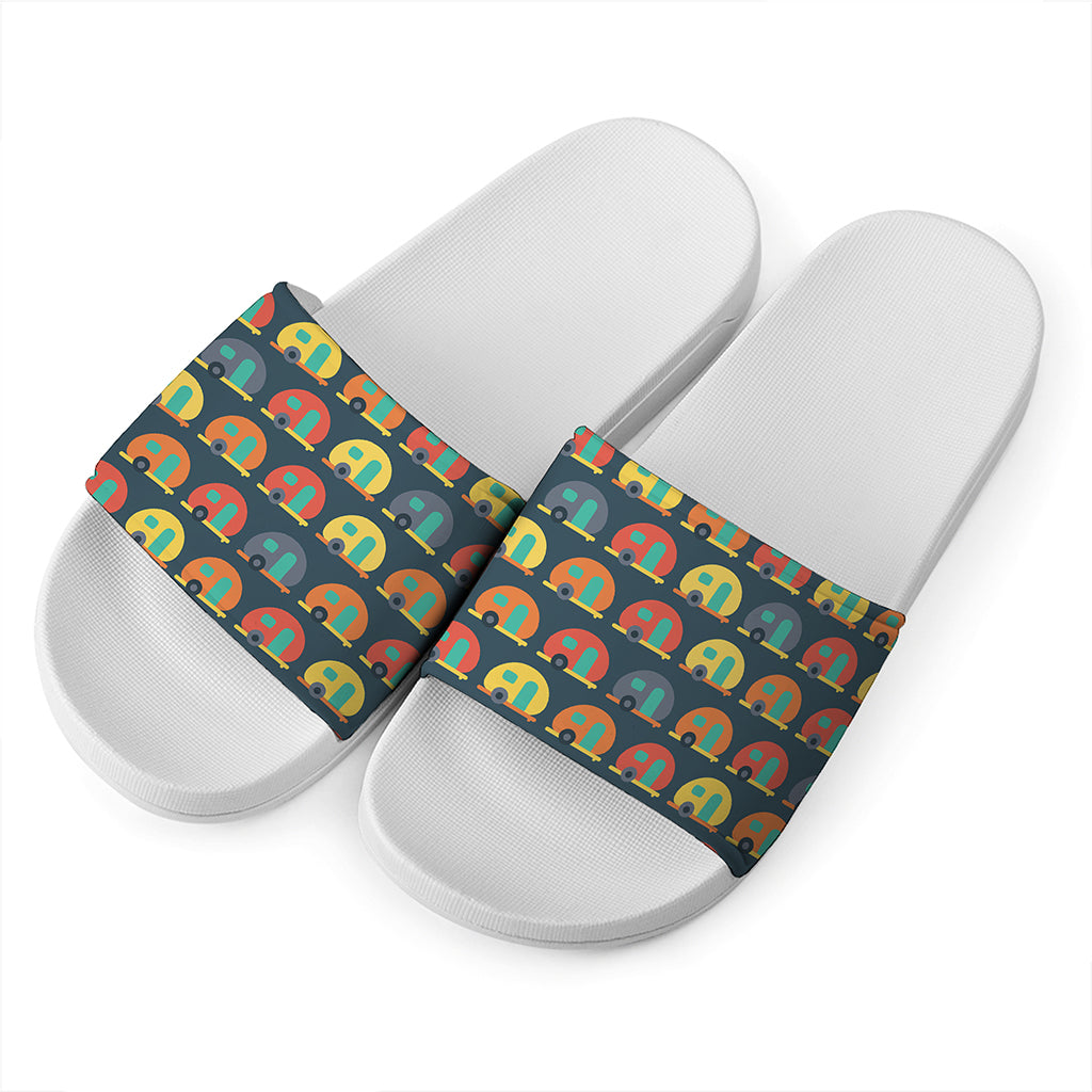 Camping Van Pattern Print White Slide Sandals