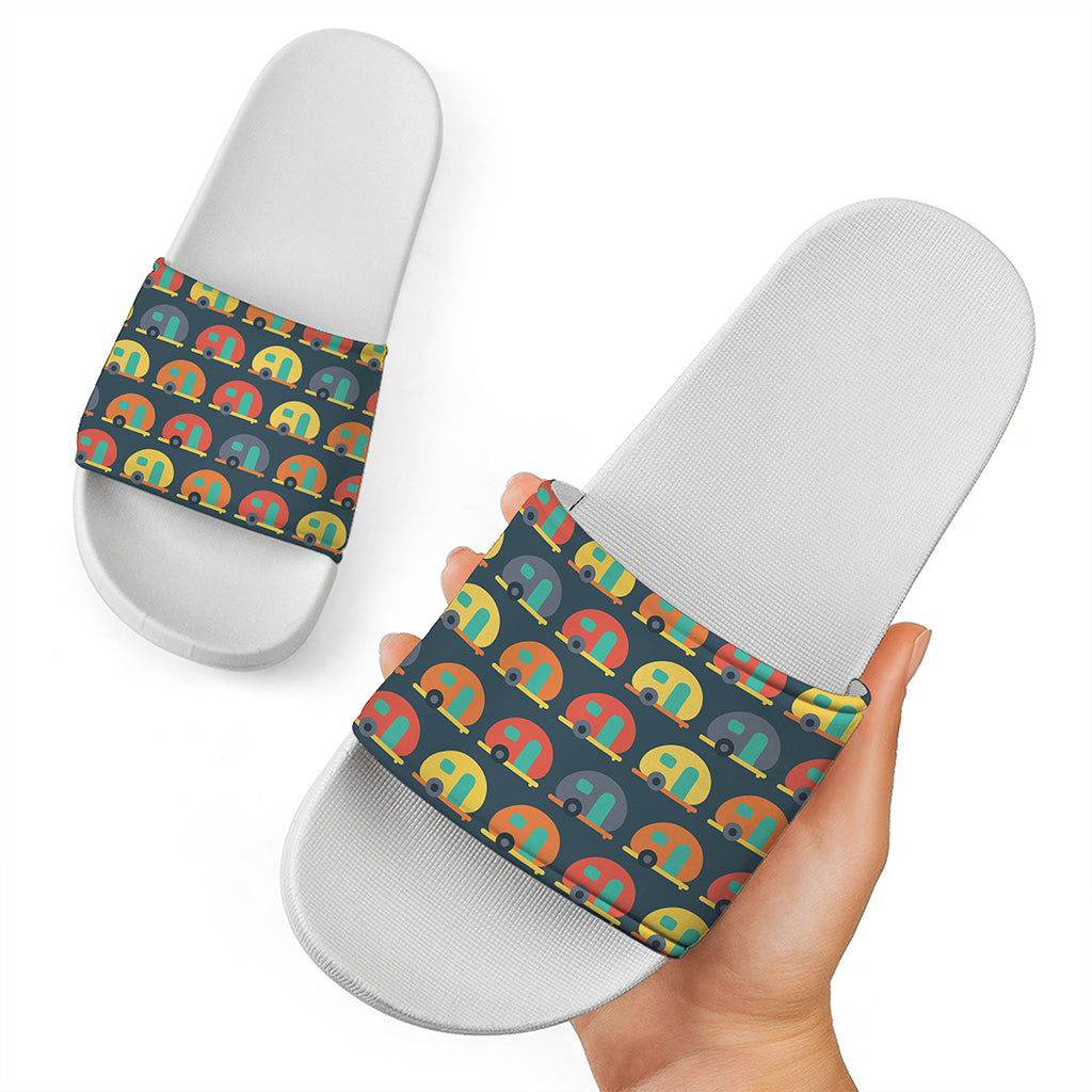 Camping Van Pattern Print White Slide Sandals