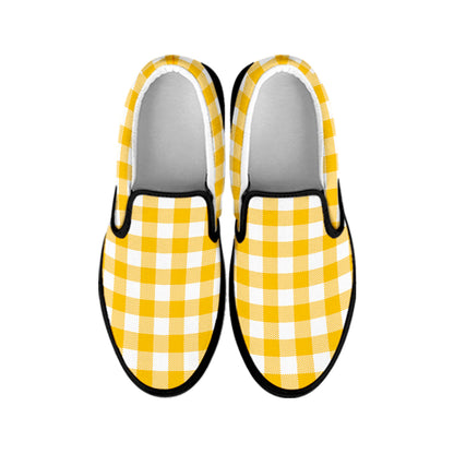 Canary Yellow And White Gingham Print Black Slip On Shoes