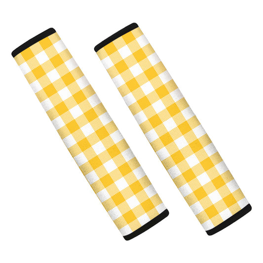 Canary Yellow And White Gingham Print Car Seat Belt Covers