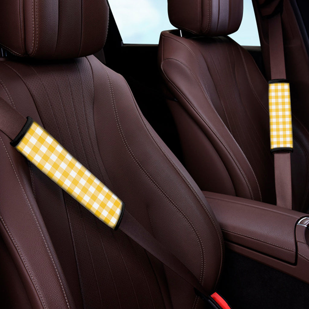 Canary Yellow And White Gingham Print Car Seat Belt Covers
