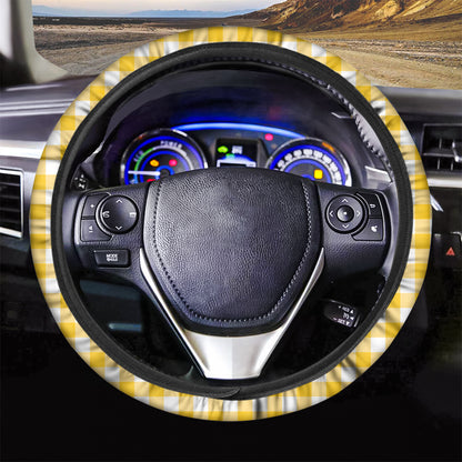 Canary Yellow And White Gingham Print Car Steering Wheel Cover